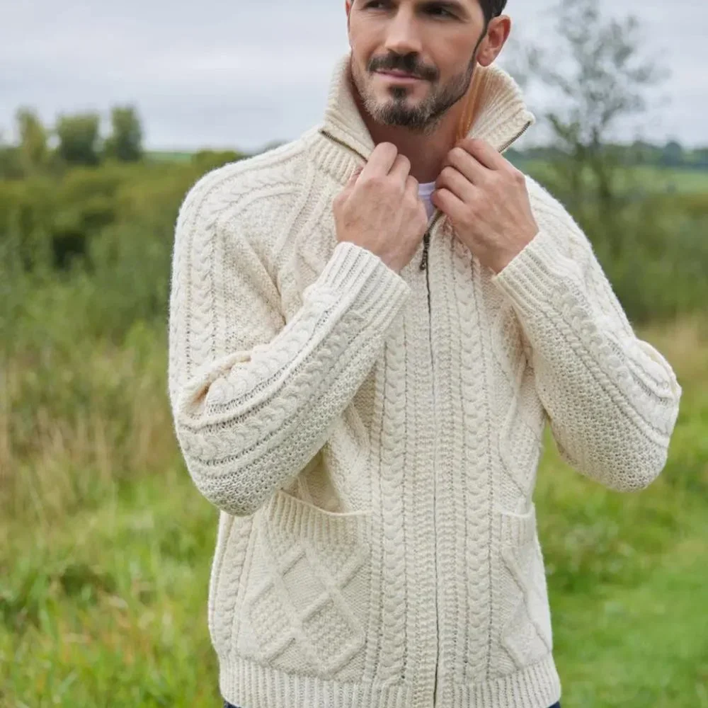 BLARNEY WOOLLEN MILLS ARANS - Hand-Knit Full Zip Aran Cardigan White Size 3XL - Picture 1 of 11